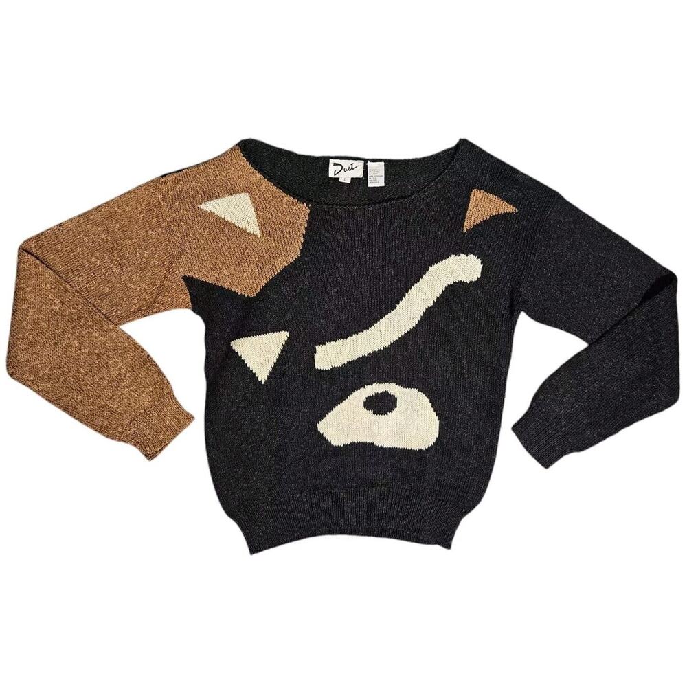 Vtg Duet Abstract Knit Top 80s Black Brown Colorblock Womens L Pullover Sweater